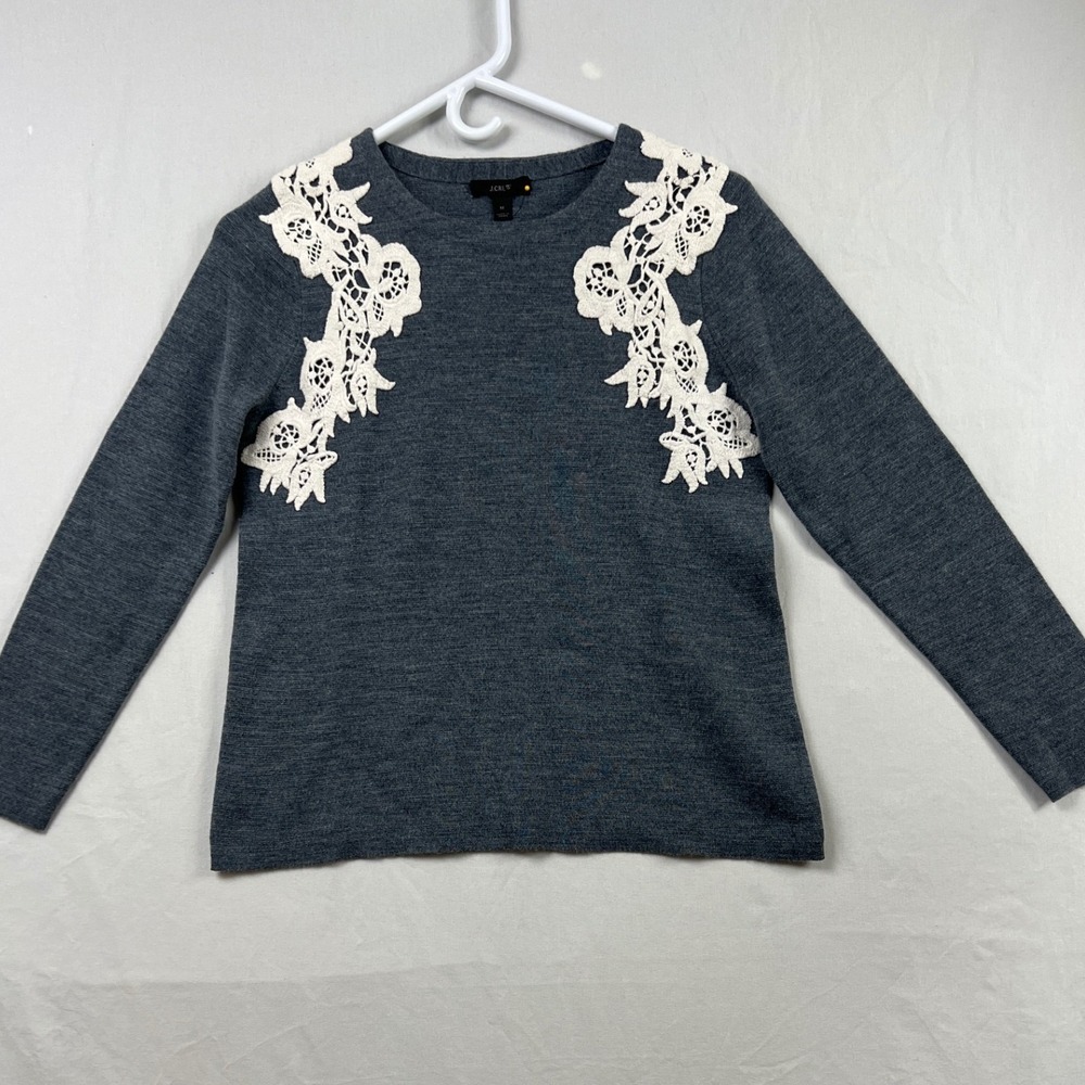 J.Crew Lace Applique Merino Wool Blend Sweater Women M Gray Long Sleeve Pullover
